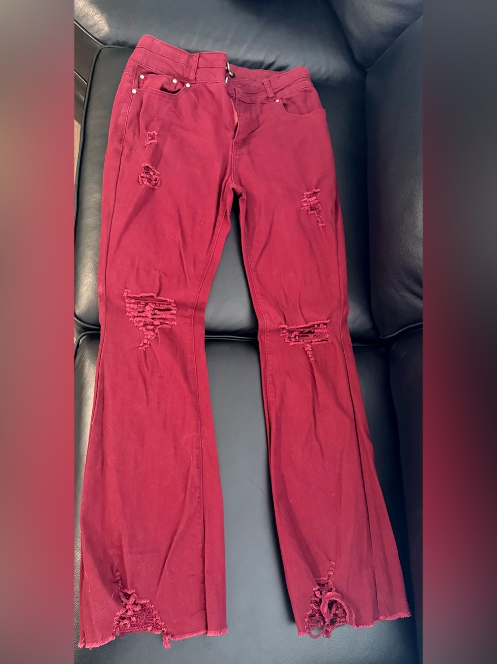 Boot-Cut Distressed High-Rise Pants in Raspberry - Picture 3 of 8
